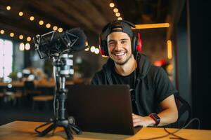 une homme enregistrement une vidéo. il est Parlant dans le caméra, numérique la communication ai génératif photo