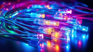 coloré électrique câbles et dirigé. optique fibre, intense couleurs, Contexte pour La technologie image et Nouveau affaires tendance ai génératif photo