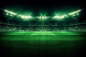 vert football champ, brillant stade projecteurs, foncé Contexte ai génératif photo