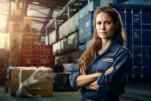 femelle logistique coordinateur gérant port opérations, entouré par livraison conteneurs, assurer efficace et opportun livraison de cargaison ai génératif photo