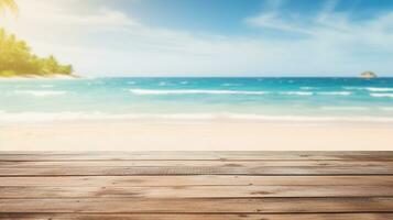 produit Contexte pour montage, vide en bois surface avec flou mer plage sur le Contexte ai génératif photo