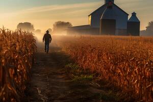 agriculteur en marchant par blé champ dans le matin, grain silo dans le distance, représentant rural la vie et agriculture ai génératif photo