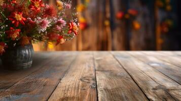 vide afficher scène en bois table avec fleurs, copie espace maquette génératif ai photo