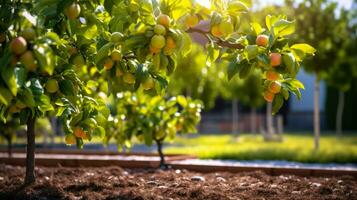 nain de colonne vert Pomme des arbres dans le jardin génératif ai photo