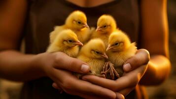 Jaune poussins dans femelle mains petit des oiseaux génératif ai photo