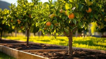 nain de colonne vert Pomme des arbres dans le jardin génératif ai photo