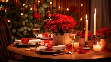 romantique dîner avec une rouge Rose bouquet génératif ai photo