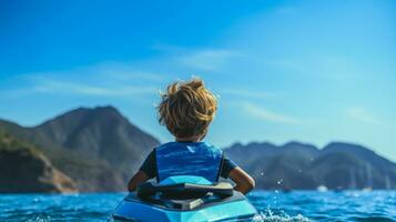 enfant dans une kayak à mer génératif ai photo