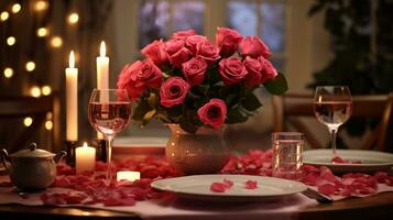 romantique dîner avec une rouge Rose bouquet génératif ai photo