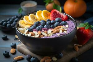 smoothie bol avec Frais baies, des noisettes, des graines et fleurs pour en bonne santé végétalien végétarien régime petit déjeuner. ai génératif photo