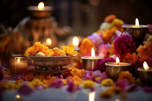 diya les lampes sont allumé pendant le fête de diwali avec fleurs dans le Contexte. ai génératif photo