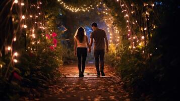 couple de les amoureux en marchant dans le jardin avec guirlandes, retour voir, romantique atmosphère génératif ai photo