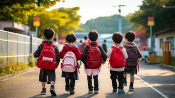 chinois premier niveleuses aller à école, asiatique enfant retour vue génératif ai photo