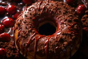 sucré Chocolat Donut avec Cerise génératif ai photo