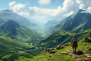 le voyageur a trouvé une génial paysage de le montagnes génératif ai photo