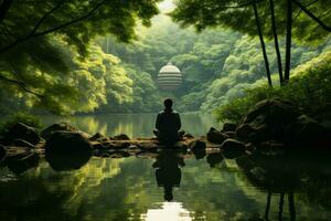 une homme médite contre le Contexte de vert calme nature, le concept de yoga, connaissance de soi génératif ai photo