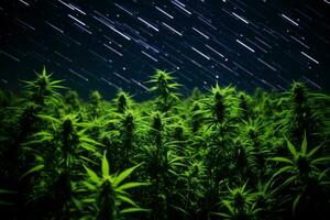 vert cannabis les plantes sur étoilé ciel Contexte génératif ai photo