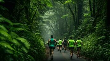 fonctionnement marathon sur le Piste dans le forêt jungle génératif ai photo
