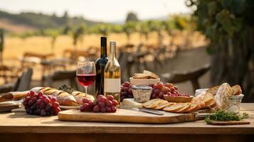 de fête table avec savoureux du vin et apéritifs sur français grain de raisin plantations génératif ai photo