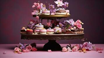 miniature Chocolat Gâteaux, décoré avec comestible fleurs. génératif ai photo