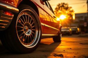 magnifique chrome roues sur une rétro voiture Soleil lumière génératif ai photo