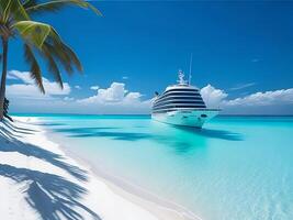 tropical plage dans Maldives avec paume des arbres et bateau 3d rendre ai génératif photo