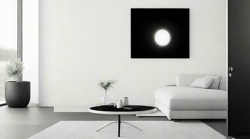 minimaliste vivant pièce intérieur avec blanc des murs, béton sol, noir canapé et rond café tableau. 3d le rendu moquer en haut ai génératif photo