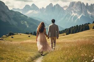 proche en haut vue de romantique couple dans herbe colline sur une pique-nique avec paysager voir. ai généré. photo