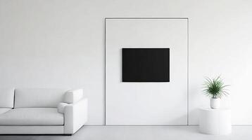 minimaliste vivant pièce intérieur avec blanc des murs, béton sol, noir canapé et rond café tableau. 3d le rendu moquer en haut ai génératif photo