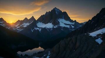 magnifique le coucher du soleil dans le montagnes. panorama de le montagnes ai génératif photo