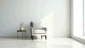 blanc mur intérieur vivant pièce avec fauteuil, ai généré photo