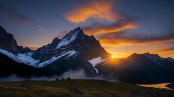 magnifique le coucher du soleil dans le montagnes. panorama de le montagnes ai génératif photo