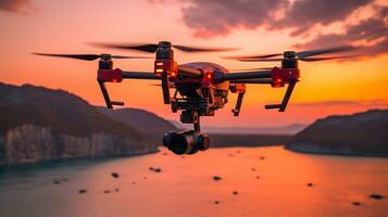 drone dans le ciel tournage le le coucher du soleil dans le soir génératif ai photo