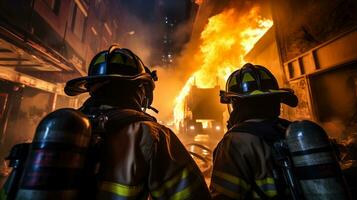 sapeurs pompiers aller à une brûlant maison à mettre en dehors une Feu génératif ai photo