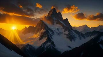 magnifique le coucher du soleil dans le montagnes. panorama de le Caucase montagnes. ai génératif photo