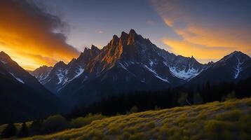 magnifique le coucher du soleil dans le montagnes. panorama de le Caucase montagnes. ai génératif photo