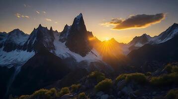 magnifique le coucher du soleil dans le montagnes. panorama de le montagnes ai génératif photo