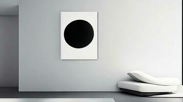 minimaliste vivant pièce intérieur avec blanc des murs, béton sol, noir canapé et rond café tableau. 3d le rendu moquer en haut ai génératif photo