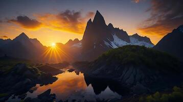 magnifique le coucher du soleil dans le montagnes. panorama de le montagnes ai génératif photo