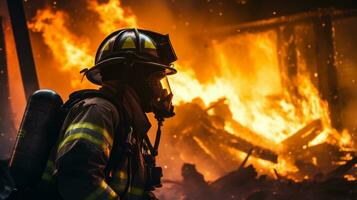 sapeurs pompiers en essayant à mettre en dehors une brûlant bâtiment génératif ai photo