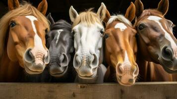 content les chevaux sourire dans stalle génératif ai photo