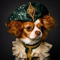 portrait de une chien dans une Royal costume séance sur une canapé. ai génératif photo