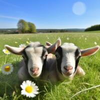 mouton et agneaux. deux peu bébé chèvres en jouant dans le prairie. ai génératif photo