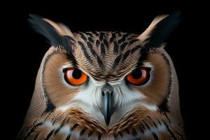 portrait de une magnifique hibou avec Orange yeux sur une noir Contexte. ai génératif photo