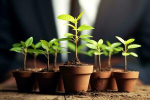 affaires gens en portant sol avec plante. travail en équipe nécessaire à croissance de une la vie plante. ai généré photo