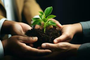 affaires gens en portant sol avec plante. travail en équipe nécessaire à croissance de une la vie plante. ai généré photo