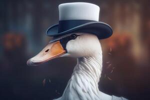 gentilhomme blanc cygne dans une chapeau, sur une noir Contexte. ai généré. photo