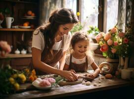 mère cuisine avec sa fille à cuisine dans une ensoleillé journée photo
