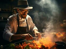 chef dans chapeau et des lunettes en train de préparer nourriture grillé dans une la poêle photo