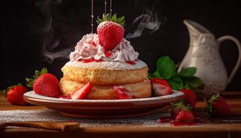 Frais fraise dessert sur en bois tableau, proche en haut de fait maison crêpe généré par ai photo